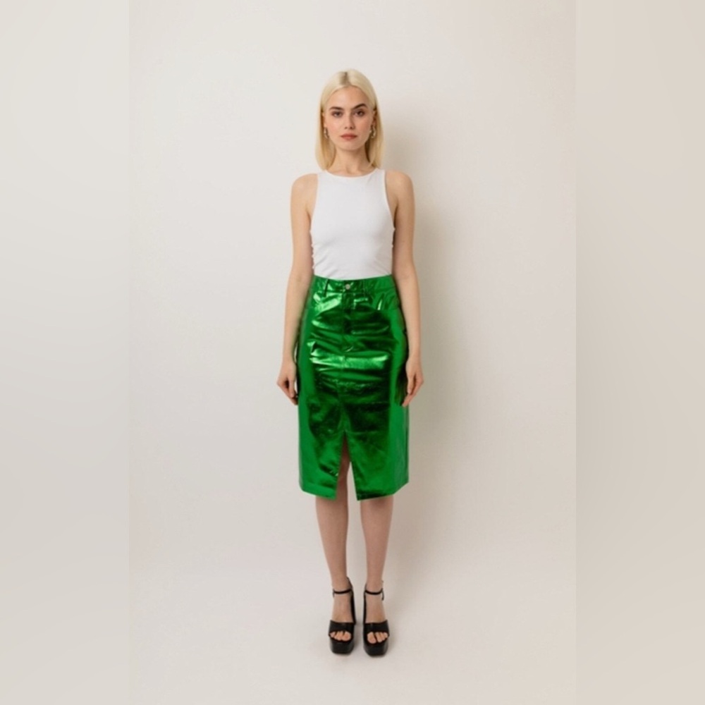 Amy Lynn Green Lupe High Waist Metallic Knee Length Skirt